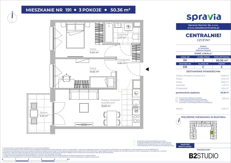 3 pokoje, mieszkanie 50,36 m², piętro 2, oferta nr 51E/191, Osiedle Centralnie!, Kraków, Czyżyny, Łęg, ul. Centralna 51D, 51E