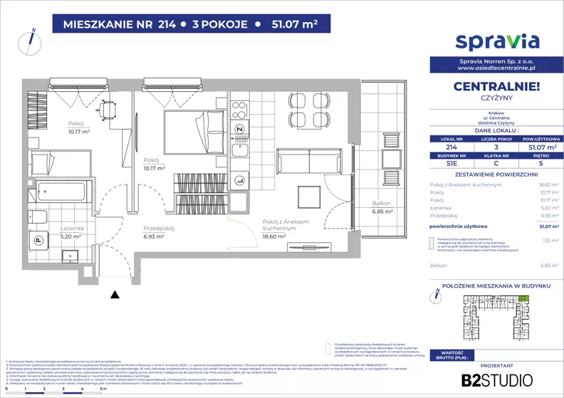 3 pokoje, mieszkanie 51,07 m², piętro 5, oferta nr 51E/214, Osiedle Centralnie!, Kraków, Czyżyny, Łęg, ul. Centralna 51D, 51E