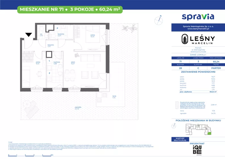 3 pokoje, mieszkanie 60,24 m², parter, oferta nr 28/71, Leśny Marcelin, Poznań, Grunwald, Junikowo, ul. Jeleniogórska