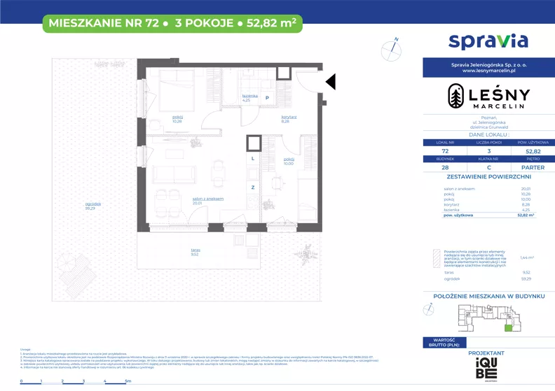3 pokoje, mieszkanie 52,82 m², parter, oferta nr 28/72, Leśny Marcelin, Poznań, Grunwald, Junikowo, ul. Jeleniogórska