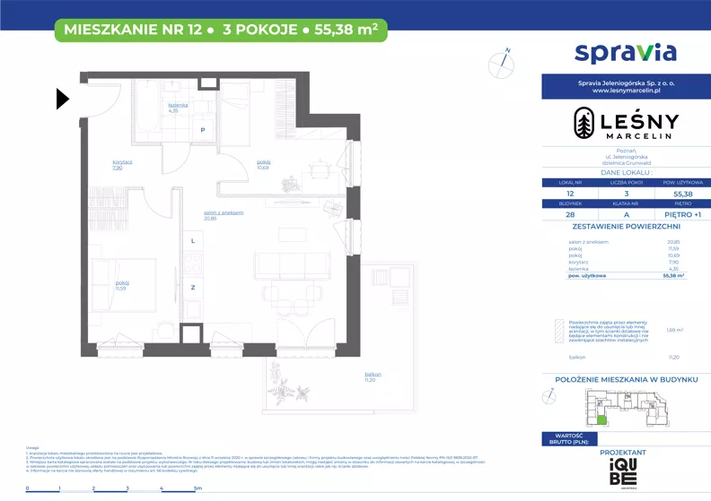 3 pokoje, mieszkanie 55,38 m², piętro 1, oferta nr 28/12, Leśny Marcelin, Poznań, Grunwald, Junikowo, ul. Jeleniogórska