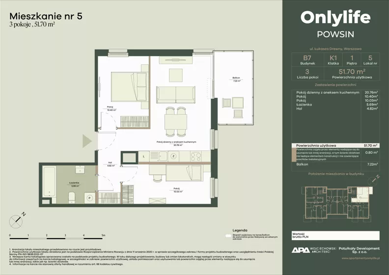 3 pokoje, mieszkanie 51,70 m², piętro 1, oferta nr B7/5, Apartamenty Onlylife, Warszawa, Wilanów, Powsin, ul. Łukasza Drewny/Potułkały