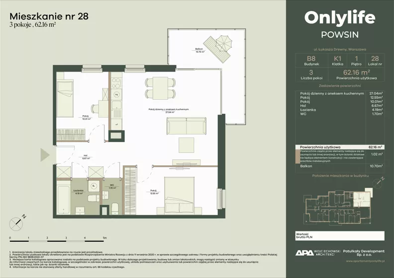 3 pokoje, mieszkanie 62,16 m², piętro 1, oferta nr B8/28, Apartamenty Onlylife, Warszawa, Wilanów, Powsin, ul. Łukasza Drewny/Potułkały