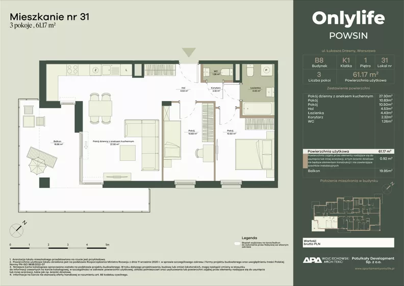 3 pokoje, mieszkanie 61,17 m², piętro 1, oferta nr B8/31, Apartamenty Onlylife, Warszawa, Wilanów, Powsin, ul. Łukasza Drewny/Potułkały