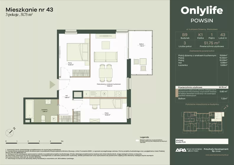 3 pokoje, mieszkanie 51,57 m², piętro 1, oferta nr B9/43, Apartamenty Onlylife, Warszawa, Wilanów, Powsin, ul. Łukasze Drewny / Potukały