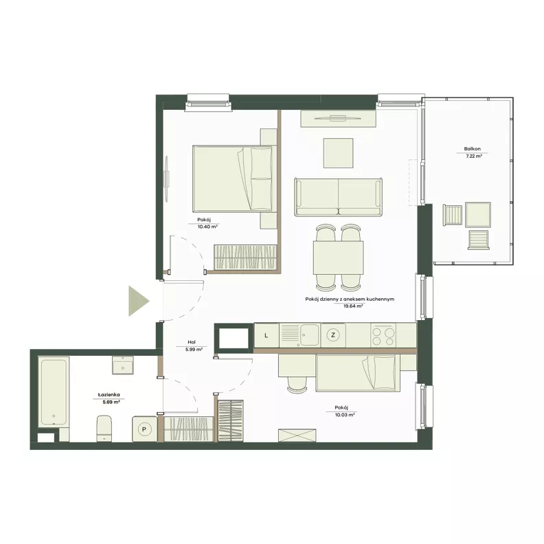 3 pokoje, mieszkanie 51,57 m², piętro 1, oferta nr B9/43, Apartamenty Onlylife, Warszawa, Wilanów, Powsin, ul. Łukasze Drewny / Potukały
