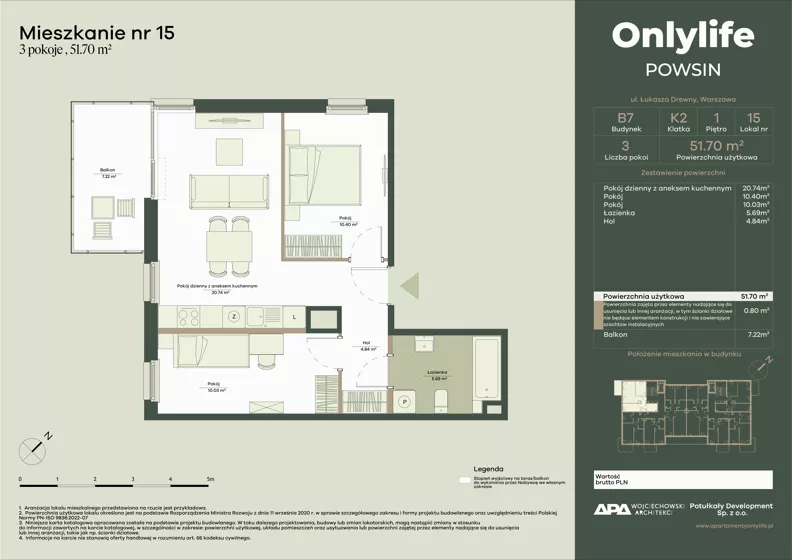 3 pokoje, mieszkanie 51,70 m², piętro 1, oferta nr B7/15, Apartamenty Onlylife, Warszawa, Wilanów, Powsin, ul. Łukasze Drewny / Potukały