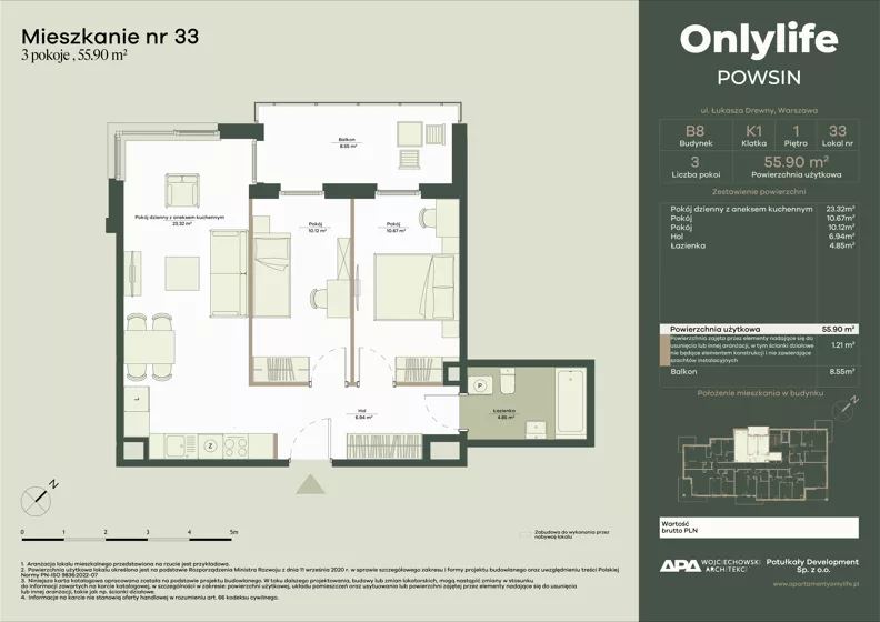 3 pokoje, mieszkanie 55,90 m², piętro 1, oferta nr B8/33, Apartamenty Onlylife, Warszawa, Wilanów, Powsin, ul. Łukasze Drewny / Potukały