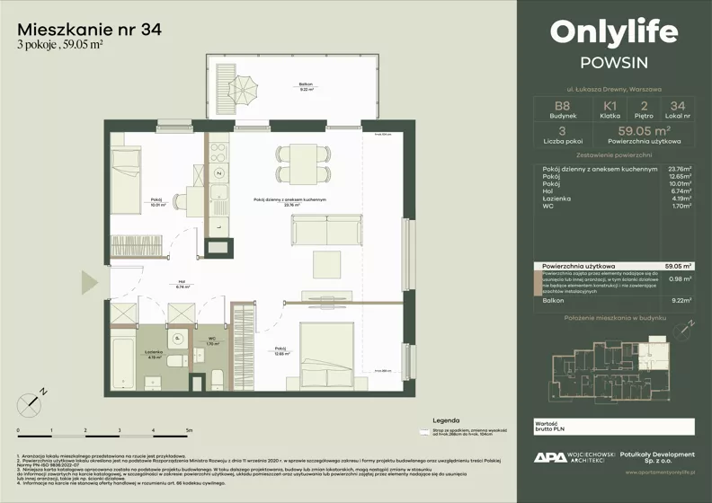 3 pokoje, mieszkanie 59,05 m², piętro 2, oferta nr B8/34, Apartamenty Onlylife, Warszawa, Wilanów, Powsin, ul. Łukasze Drewny / Potukały