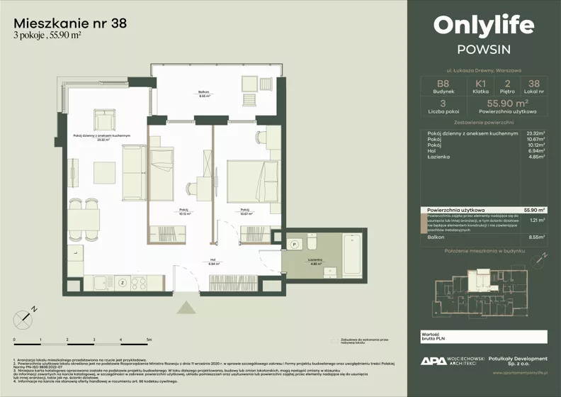 3 pokoje, mieszkanie 55,90 m², piętro 2, oferta nr B8/38, Apartamenty Onlylife, Warszawa, Wilanów, Powsin, ul. Łukasze Drewny / Potukały