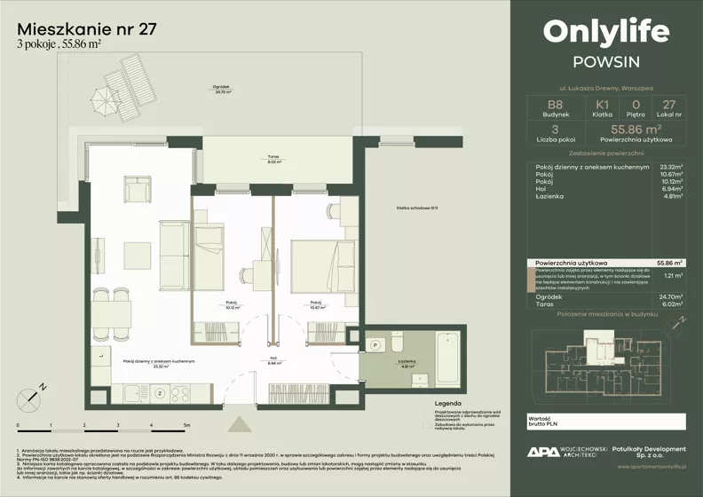 3 pokoje, mieszkanie 55,86 m², parter, oferta nr B8/27, Apartamenty Onlylife, Warszawa, Wilanów, Powsin, ul. Łukasze Drewny / Potukały
