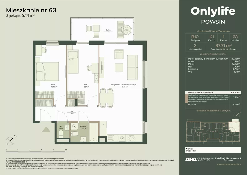 3 pokoje, mieszkanie 67,71 m², piętro 1, oferta nr B10/63, Apartamenty Onlylife, Warszawa, Wilanów, Powsin, ul. Łukasze Drewny / Potukały