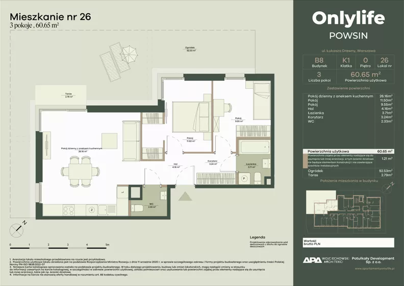 3 pokoje, mieszkanie 60,65 m², parter, oferta nr B8/26, Apartamenty Onlylife, Warszawa, Wilanów, Powsin, ul. Łukasze Drewny / Potukały