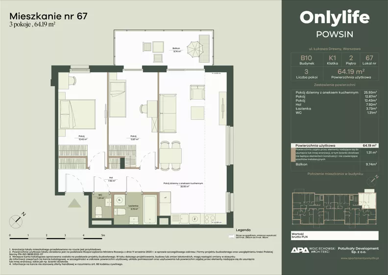 3 pokoje, mieszkanie 64,19 m², piętro 2, oferta nr B10/67, Apartamenty Onlylife, Warszawa, Wilanów, Powsin, ul. Łukasze Drewny / Potukały