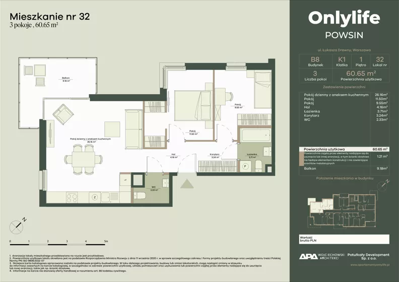 3 pokoje, mieszkanie 60,65 m², piętro 1, oferta nr B8/32, Apartamenty Onlylife, Warszawa, Wilanów, Powsin, ul. Łukasze Drewny / Potukały