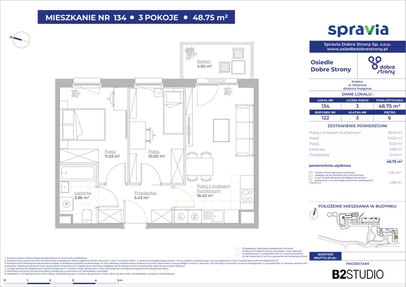 3 pokoje, mieszkanie 48,75 m², piętro 6, oferta nr 122/134, Dobre Strony, Kraków, Dębniki, Borek Fałęcki, ul. Obozowa