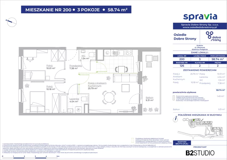 3 pokoje, mieszkanie 58,74 m², piętro 2, oferta nr 126/200, Dobre Strony, Kraków, Dębniki, Borek Fałęcki, ul. Obozowa