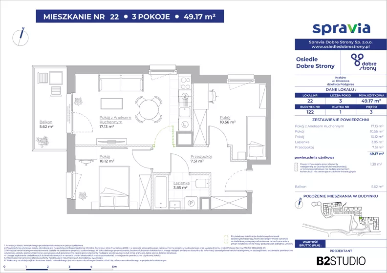 3 pokoje, mieszkanie 49,17 m², piętro 3, oferta nr 122/22, Dobre Strony, Kraków, Dębniki, Borek Fałęcki, ul. Obozowa