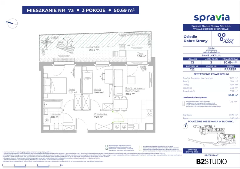 3 pokoje, mieszkanie 50,69 m², parter, oferta nr 122/73, Dobre Strony, Kraków, Dębniki, Borek Fałęcki, ul. Obozowa