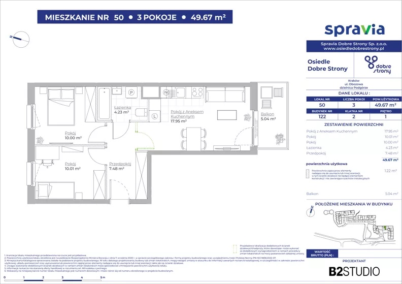 3 pokoje, mieszkanie 49,67 m², piętro 1, oferta nr 122/50, Dobre Strony, Kraków, Dębniki, Borek Fałęcki, ul. Obozowa
