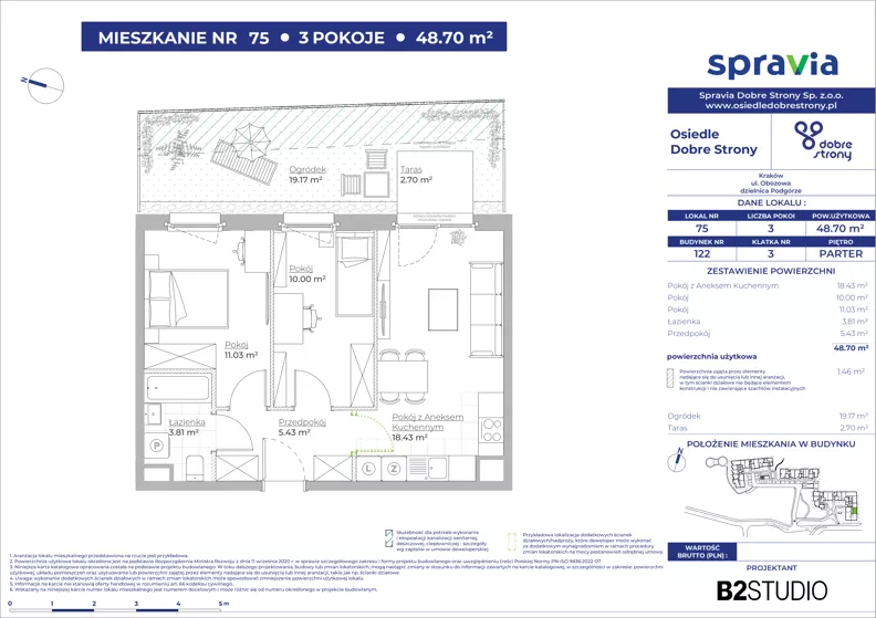 3 pokoje, mieszkanie 48,70 m², parter, oferta nr 122/75, Dobre Strony, Kraków, Dębniki, Borek Fałęcki, ul. Obozowa