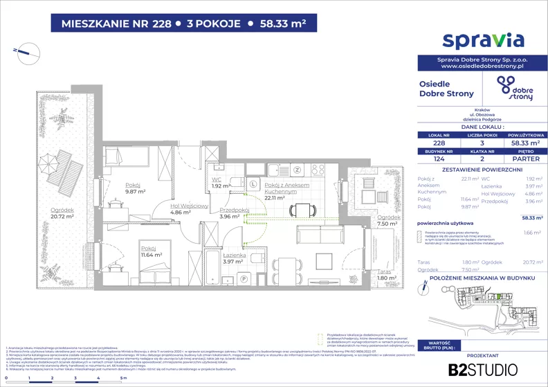 3 pokoje, mieszkanie 58,33 m², parter, oferta nr 124/228, Dobre Strony, Kraków, Dębniki, Borek Fałęcki, ul. Obozowa