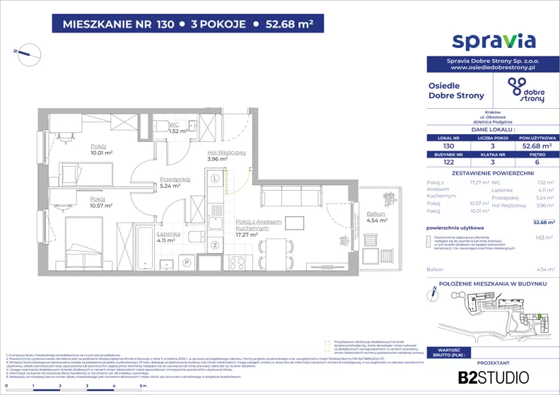 3 pokoje, mieszkanie 52,68 m², piętro 6, oferta nr 122/130, Dobre Strony, Kraków, Dębniki, Borek Fałęcki, ul. Obozowa