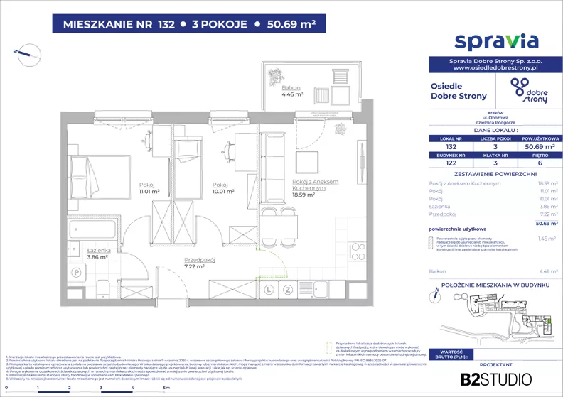 3 pokoje, mieszkanie 50,69 m², piętro 6, oferta nr 122/132, Dobre Strony, Kraków, Dębniki, Borek Fałęcki, ul. Obozowa