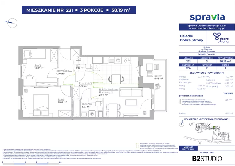 3 pokoje, mieszkanie 58,19 m², piętro 1, oferta nr 124/231, Dobre Strony, Kraków, Dębniki, Borek Fałęcki, ul. Obozowa