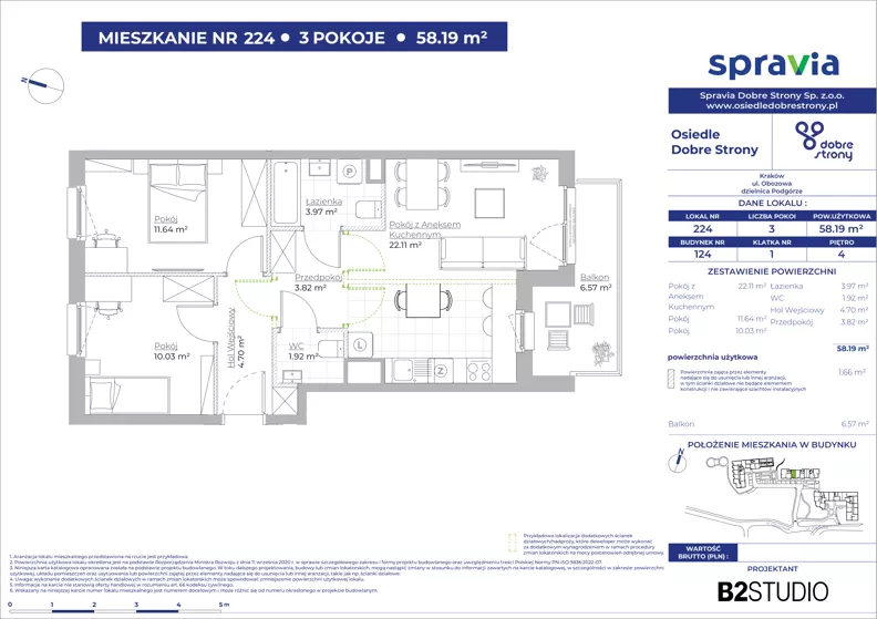 3 pokoje, mieszkanie 58,19 m², piętro 4, oferta nr 124/224, Dobre Strony, Kraków, Dębniki, Borek Fałęcki, ul. Obozowa