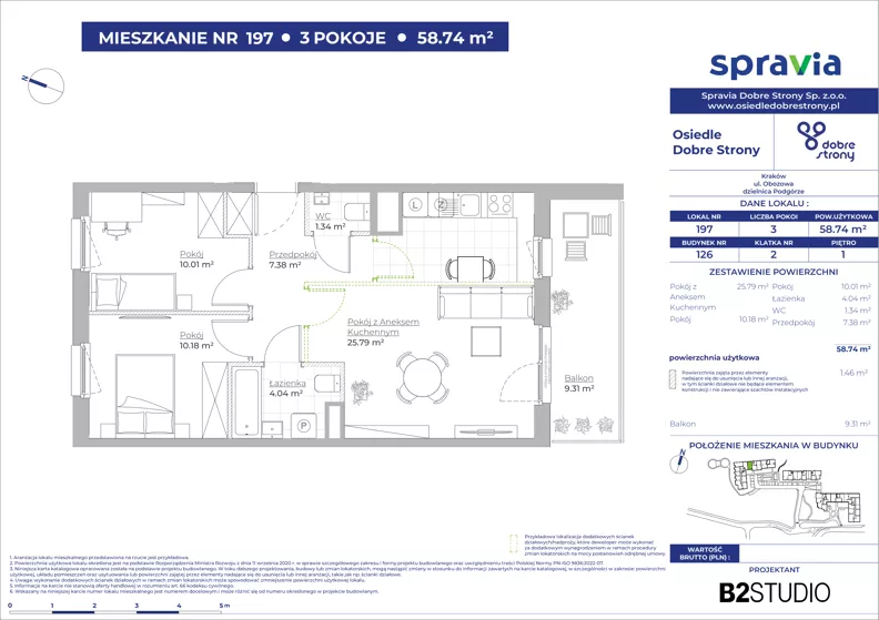 3 pokoje, mieszkanie 58,74 m², piętro 1, oferta nr 126/197, Dobre Strony, Kraków, Dębniki, Borek Fałęcki, ul. Obozowa