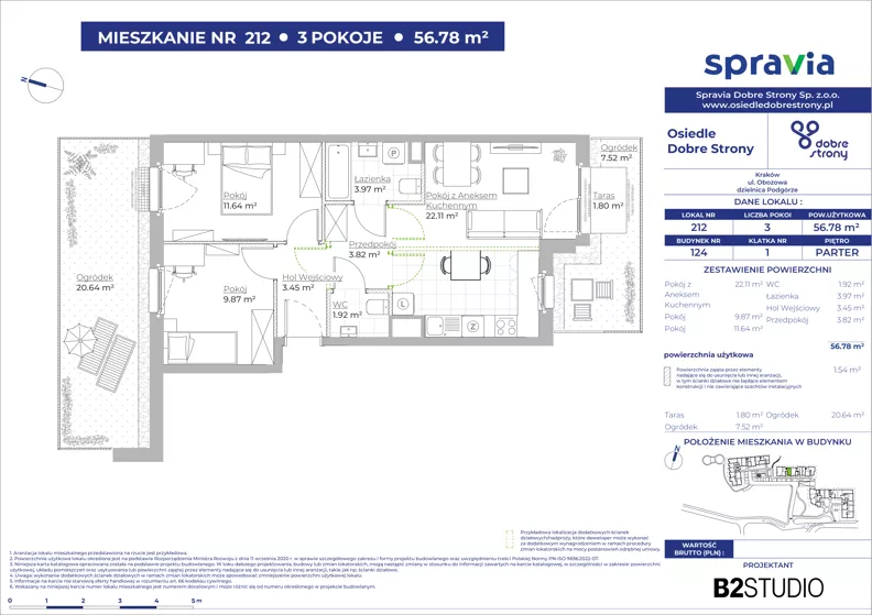 3 pokoje, mieszkanie 56,78 m², parter, oferta nr 124/212, Dobre Strony, Kraków, Dębniki, Borek Fałęcki, ul. Obozowa