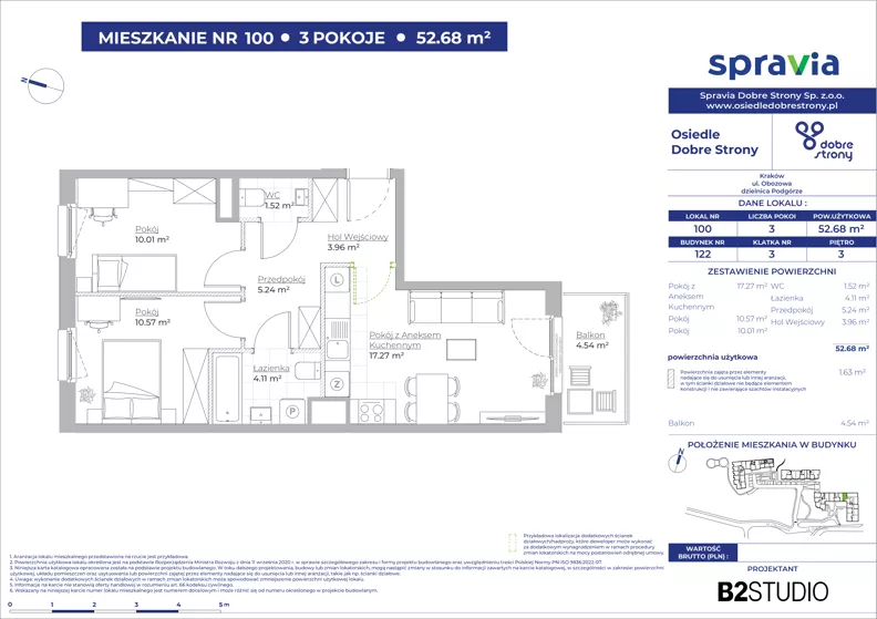 3 pokoje, mieszkanie 52,68 m², piętro 3, oferta nr 122/100, Dobre Strony, Kraków, Dębniki, Borek Fałęcki, ul. Obozowa