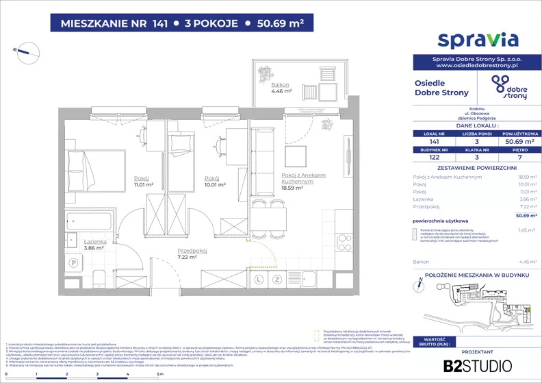 3 pokoje, mieszkanie 50,69 m², piętro 7, oferta nr 122/141, Dobre Strony, Kraków, Dębniki, Borek Fałęcki, ul. Obozowa