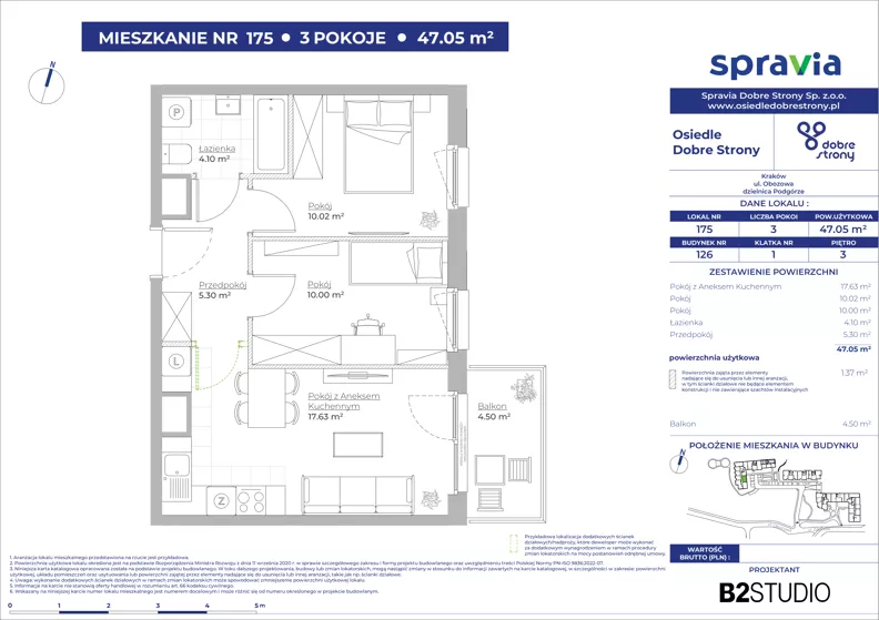 3 pokoje, mieszkanie 47,05 m², piętro 3, oferta nr 126/175, Dobre Strony, Kraków, Dębniki, Borek Fałęcki, ul. Obozowa