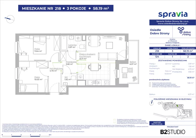 3 pokoje, mieszkanie 58,19 m², piętro 2, oferta nr 124/218, Dobre Strony, Kraków, Dębniki, Borek Fałęcki, ul. Obozowa