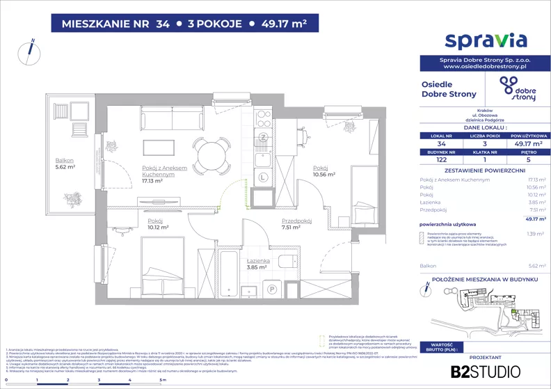 3 pokoje, mieszkanie 49,17 m², piętro 5, oferta nr 122/34, Dobre Strony, Kraków, Dębniki, Borek Fałęcki, ul. Obozowa