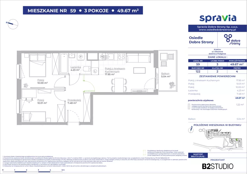 3 pokoje, mieszkanie 49,67 m², piętro 4, oferta nr 122/59, Dobre Strony, Kraków, Dębniki, Borek Fałęcki, ul. Obozowa