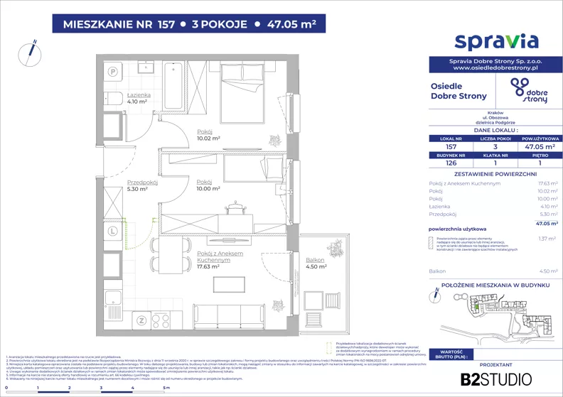 3 pokoje, mieszkanie 47,05 m², piętro 1, oferta nr 126/157, Dobre Strony, Kraków, Dębniki, Borek Fałęcki, ul. Obozowa