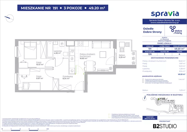 3 pokoje, mieszkanie 49,20 m², piętro 4, oferta nr 126/191, Dobre Strony, Kraków, Dębniki, Borek Fałęcki, ul. Obozowa