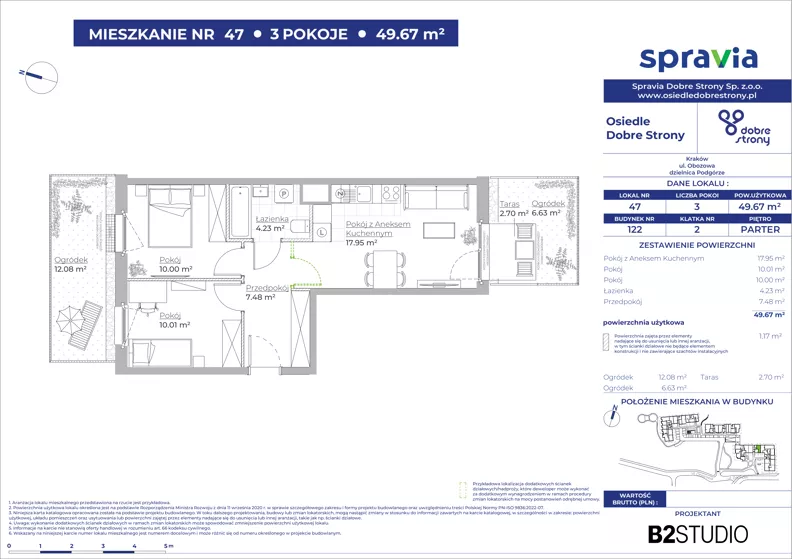 3 pokoje, mieszkanie 49,67 m², parter, oferta nr 122/47, Dobre Strony, Kraków, Dębniki, Borek Fałęcki, ul. Obozowa