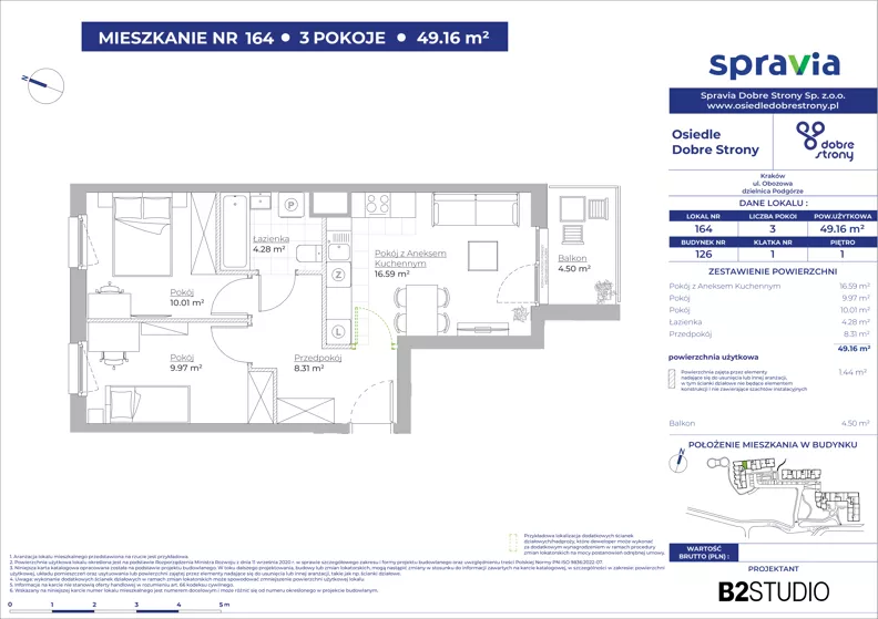 3 pokoje, mieszkanie 49,16 m², piętro 1, oferta nr 126/164, Dobre Strony, Kraków, Dębniki, Borek Fałęcki, ul. Obozowa