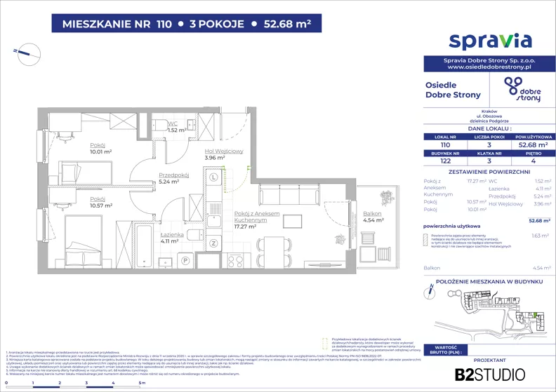 3 pokoje, mieszkanie 52,68 m², piętro 4, oferta nr 122/110, Dobre Strony, Kraków, Dębniki, Borek Fałęcki, ul. Obozowa