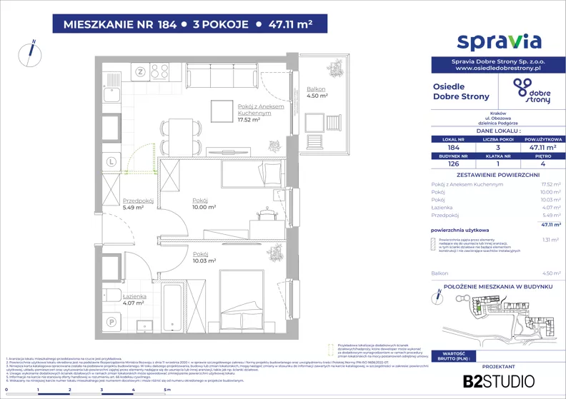 3 pokoje, mieszkanie 47,11 m², piętro 4, oferta nr 126/184, Dobre Strony, Kraków, Dębniki, Borek Fałęcki, ul. Obozowa