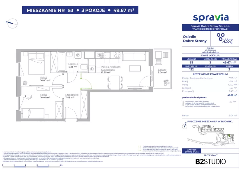 3 pokoje, mieszkanie 49,67 m², piętro 2, oferta nr 122/53, Dobre Strony, Kraków, Dębniki, Borek Fałęcki, ul. Obozowa