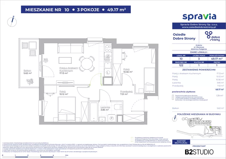 3 pokoje, mieszkanie 49,17 m², piętro 1, oferta nr 122/10, Dobre Strony, Kraków, Dębniki, Borek Fałęcki, ul. Obozowa