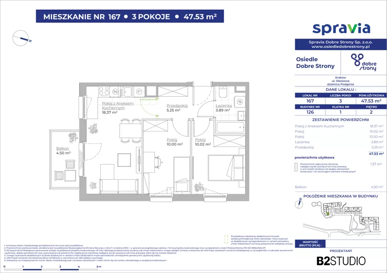 3 pokoje, mieszkanie 47,53 m², piętro 2, oferta nr 126/167, Dobre Strony, Kraków, Dębniki, Borek Fałęcki, ul. Obozowa