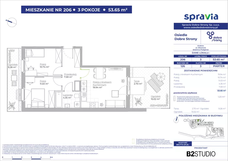 3 pokoje, mieszkanie 53,65 m², parter, oferta nr 126/206, Dobre Strony, Kraków, Dębniki, Borek Fałęcki, ul. Obozowa