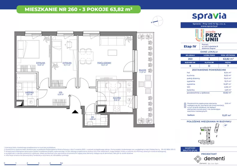 3 pokoje, mieszkanie 63,82 m², piętro 7, oferta nr 1/260, Przy Unii IV, Poznań, Żegrze, ul. Wagrowska