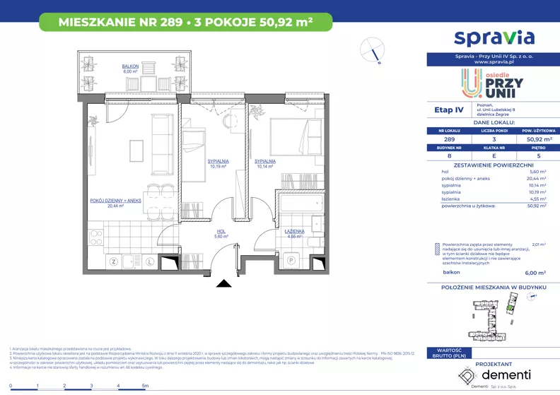 3 pokoje, mieszkanie 50,92 m², piętro 5, oferta nr 1/289, Przy Unii IV, Poznań, Żegrze, ul. Wagrowska